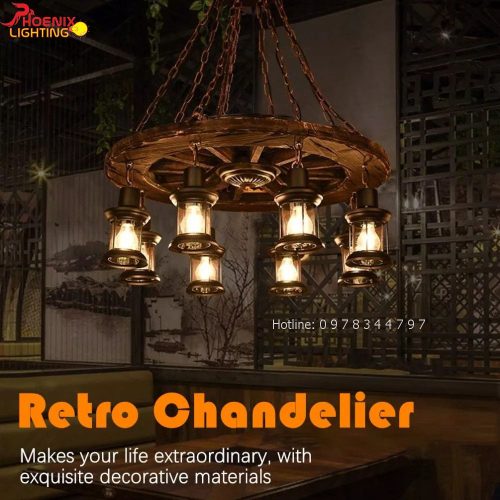 Đèn decor thả gỗ bánh xe trang trí phong cách cổ điển