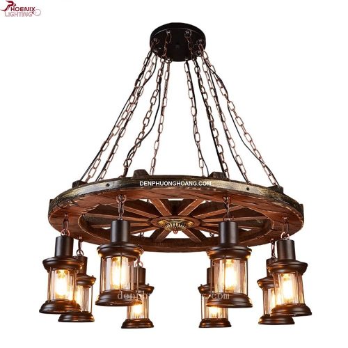 Đèn thả: Mẫu đèn thả gỗ bánh xe trang trí phong cách cổ điển