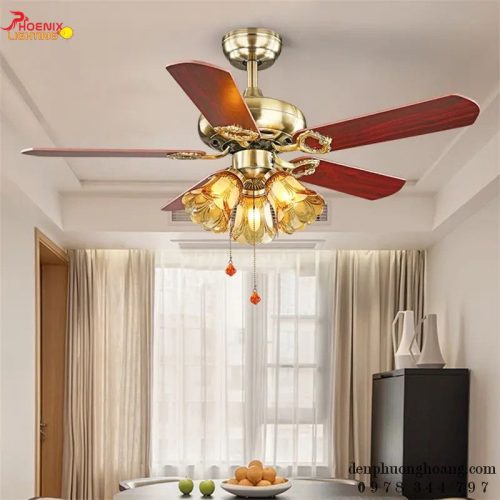 Quạt Trần Đèn 5 Cánh Gỗ Chao Đèn Thủy Tinh